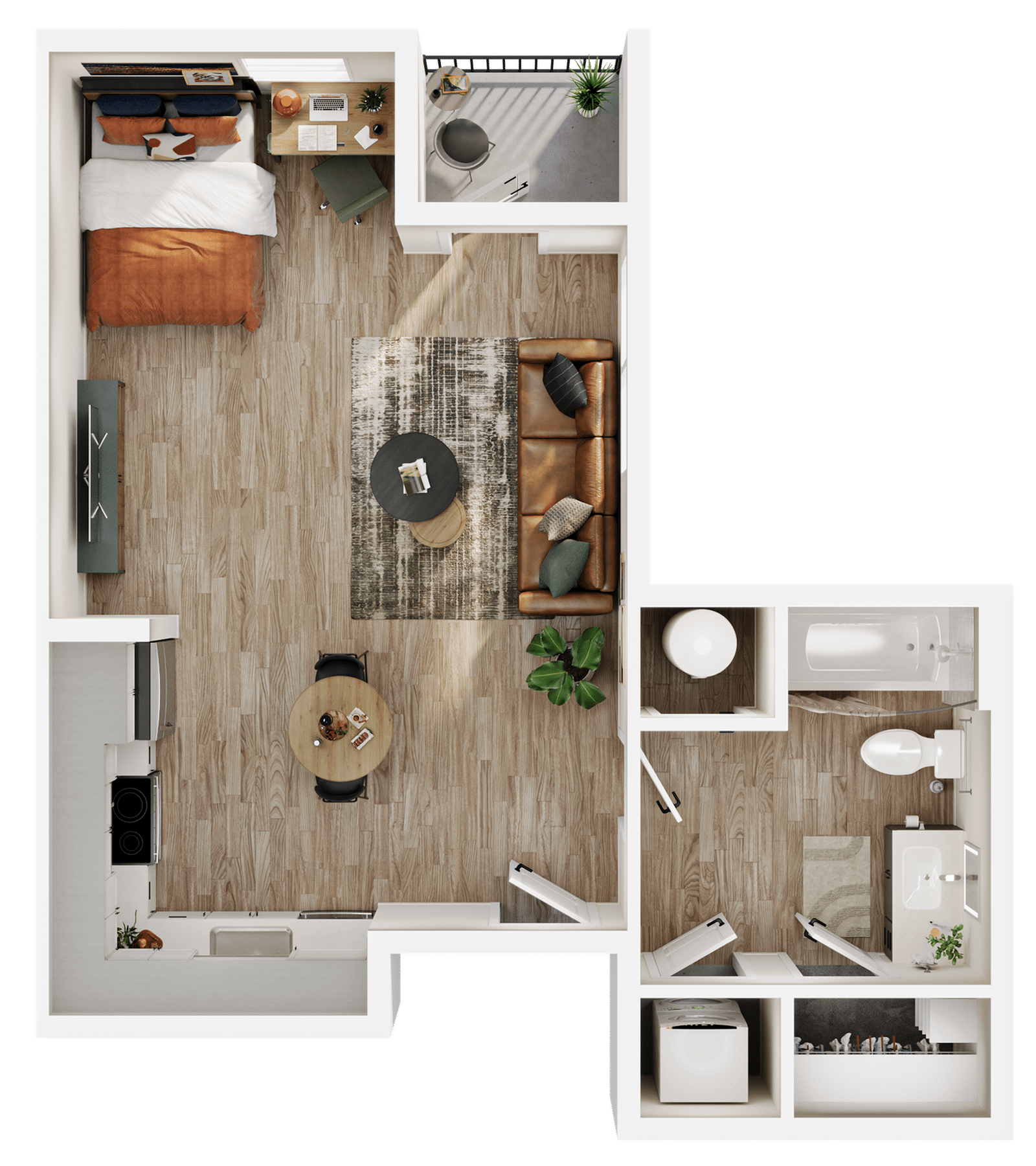 A 3D image of the Studio – S1 floorplan, a 528 squarefoot, 0 bed / 1 bath unit