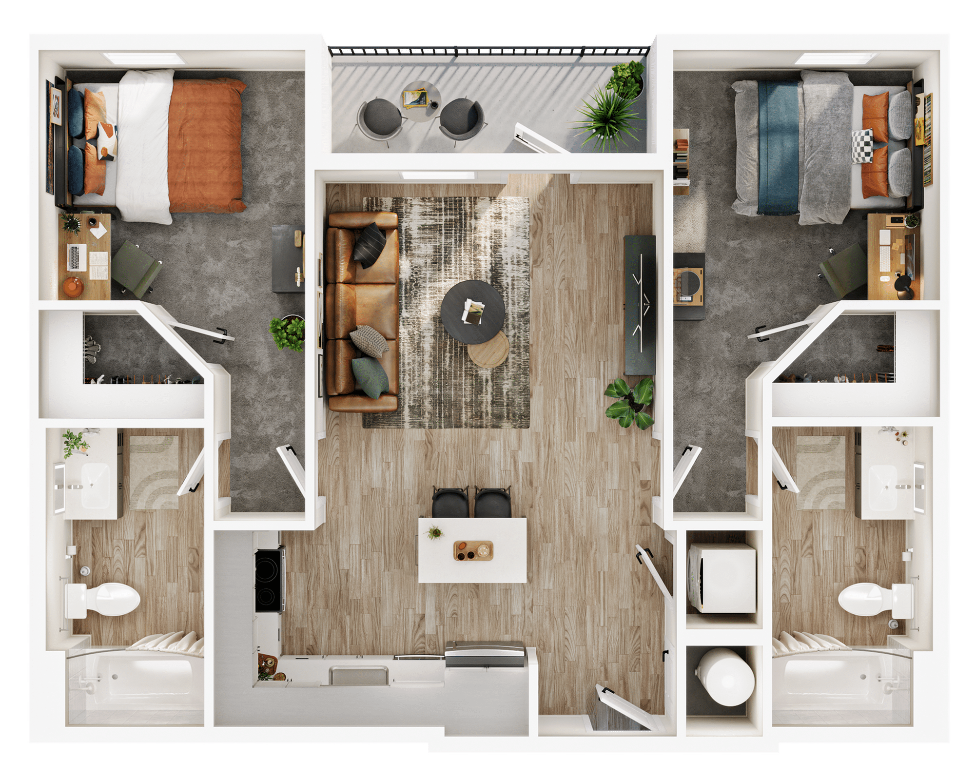 A 3D image of the 2BR/2BA – B1 floorplan, a 834 squarefoot, 2 bed / 2 bath unit