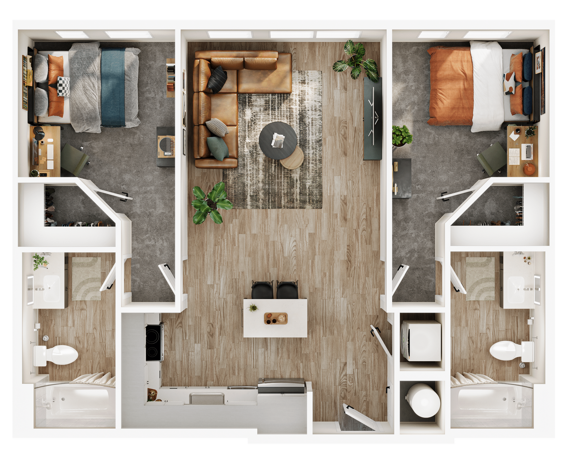 A 3D image of the 2BR/2BA – B2 floorplan, a 890 squarefoot, 2 bed / 2 bath unit