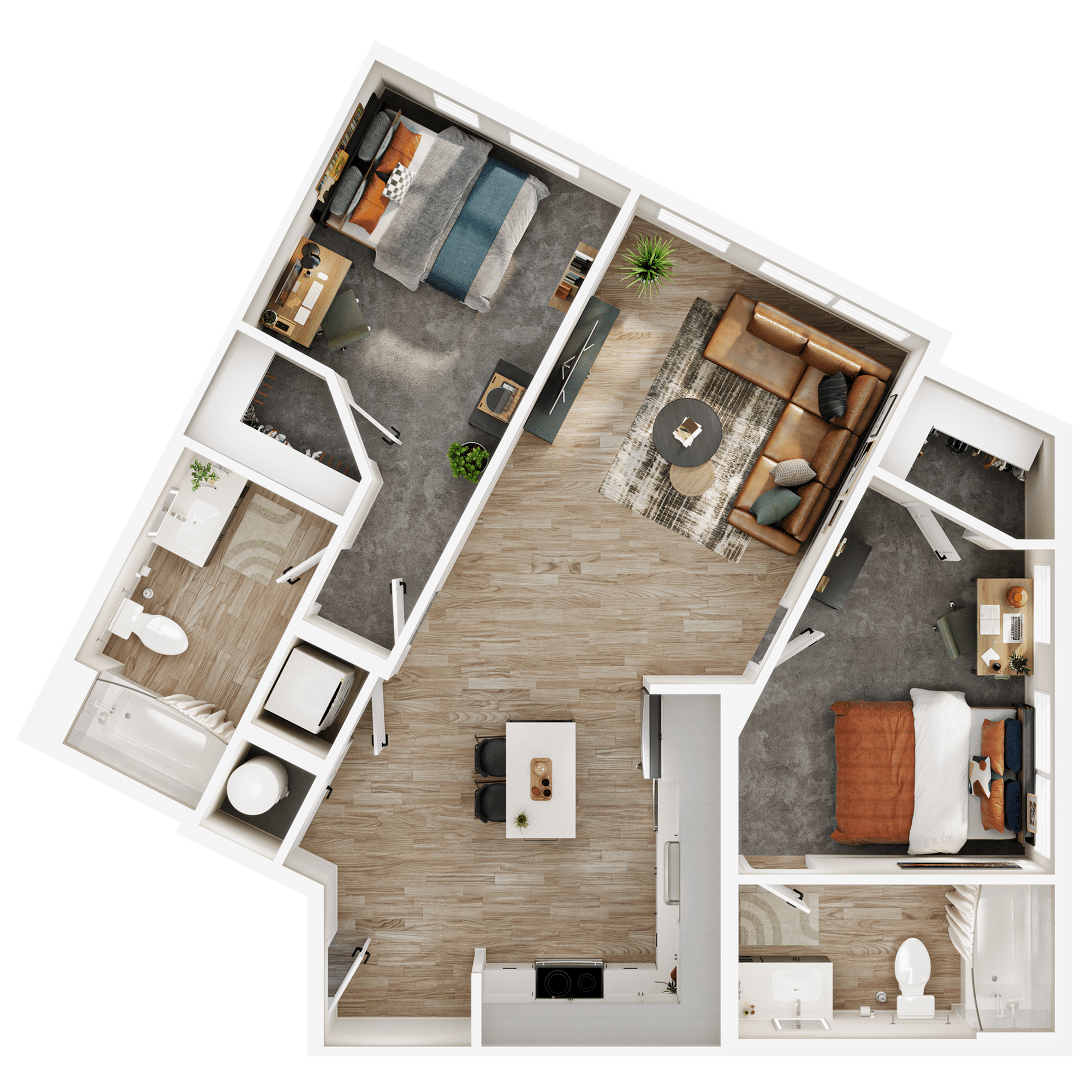 A 3D image of the 2BR/2BA – B3 floorplan, a 893 squarefoot, 2 bed / 2 bath unit