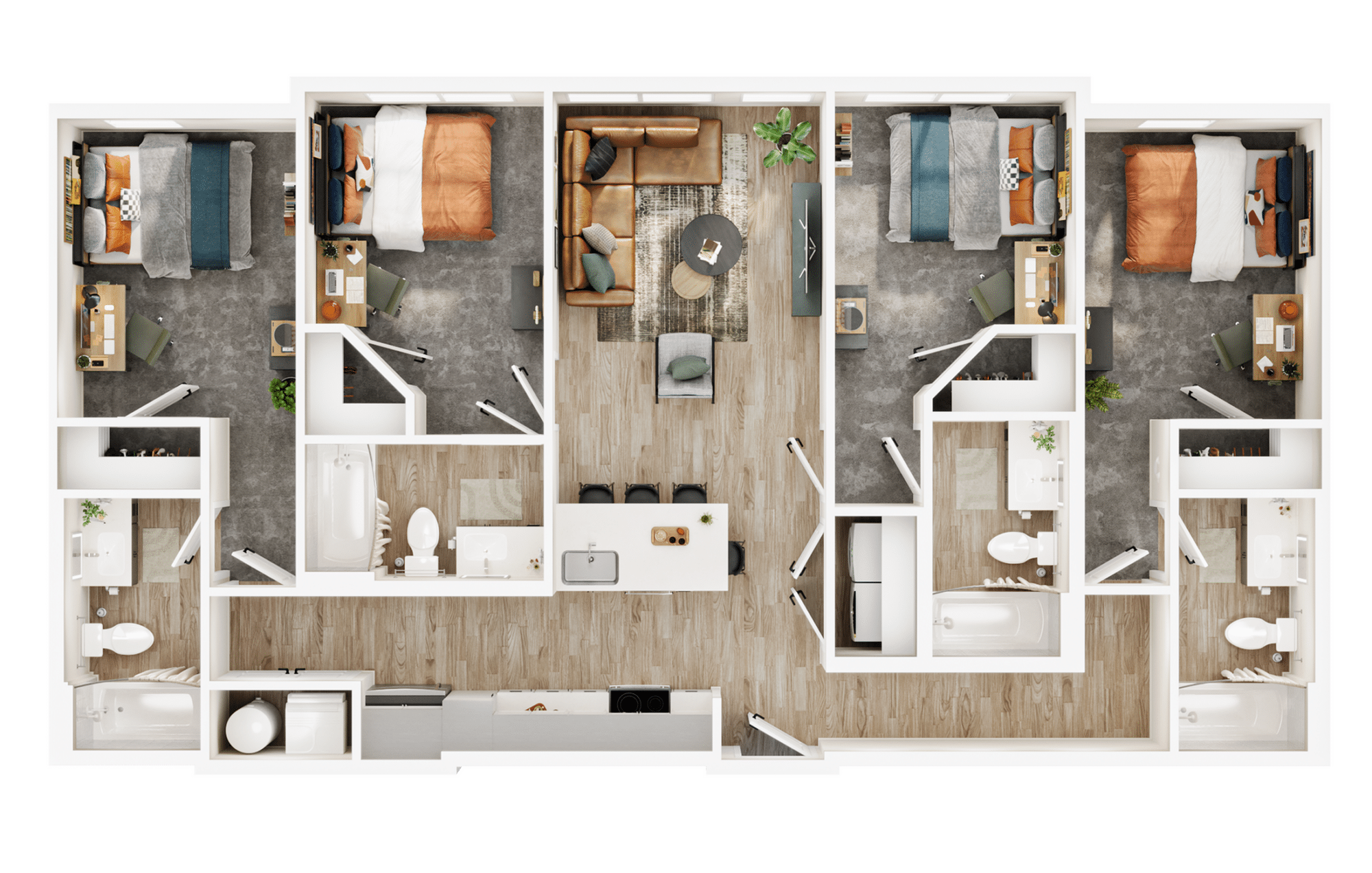 A 3D image of the 4BR/4BA – D2 floorplan, a 1352 squarefoot, 4 bed / 4 bath unit