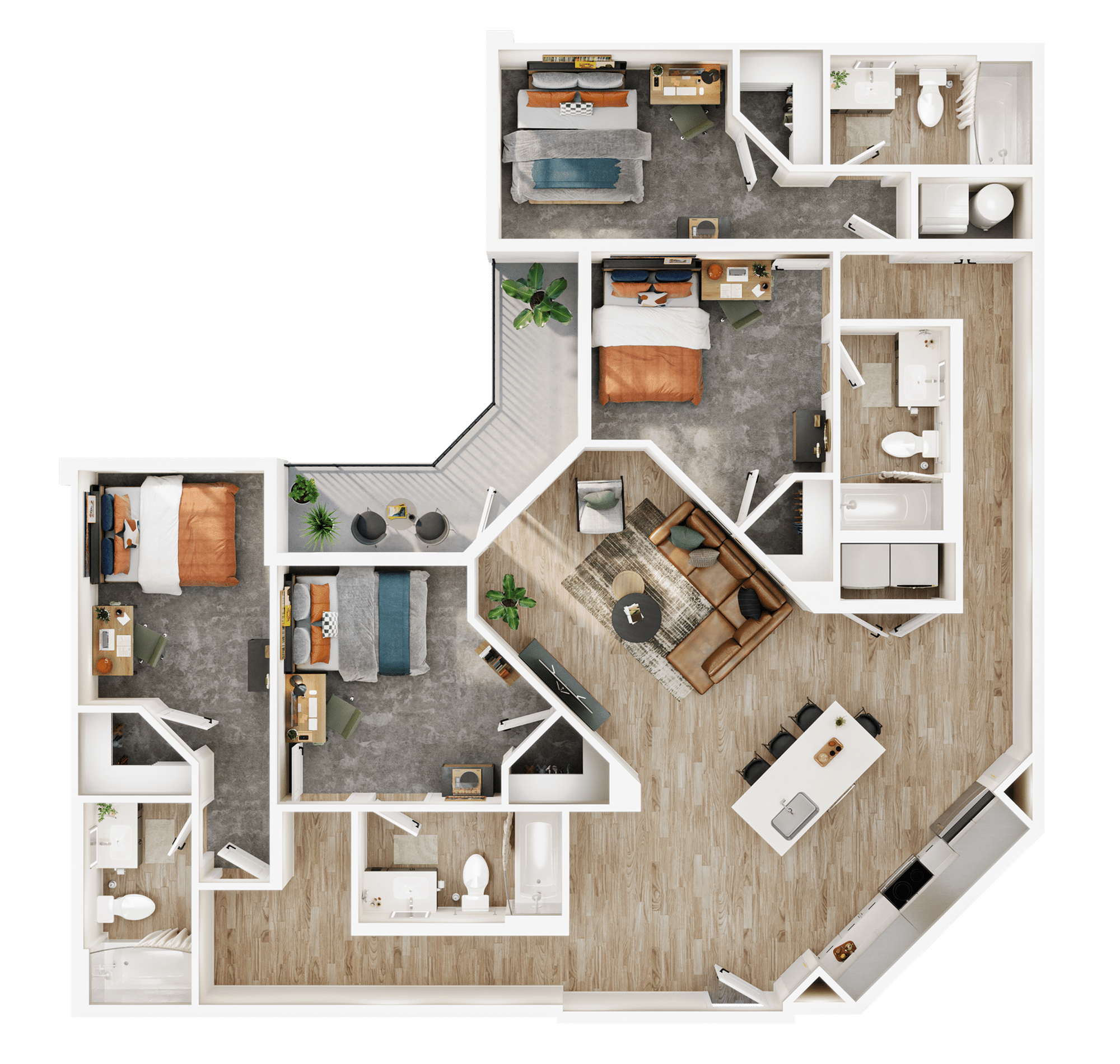 A 3D image of the 4BR/4BA – D5 floorplan, a 1698 squarefoot, 4 bed / 4 bath unit