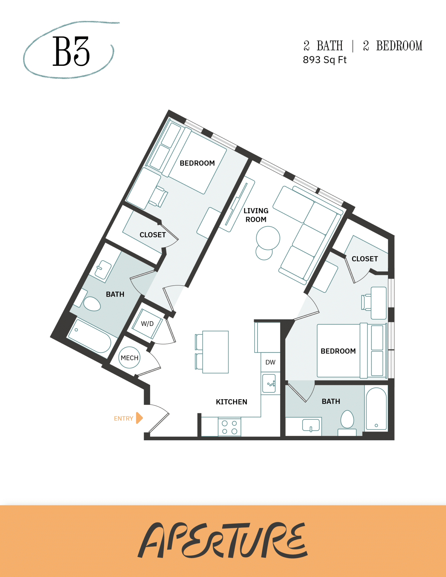 A 3D image of the 2BR/2BA – B3 floorplan, a 893 squarefoot, 2 bed / 2 bath unit